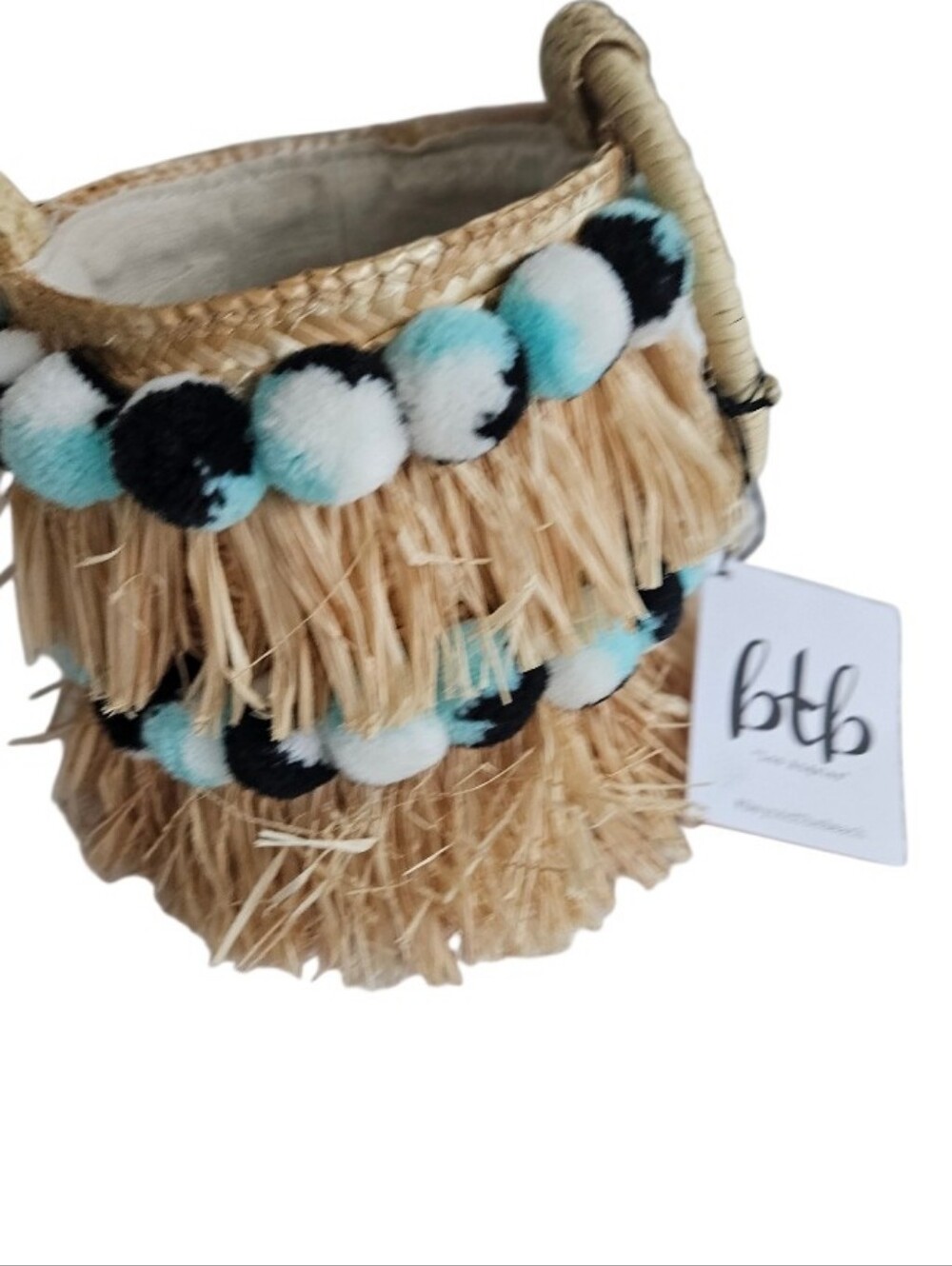 NWT BTB Los Angeles - Round Bucket Straw Fringe & Pompoms Colorfull - Picture 3 of 13